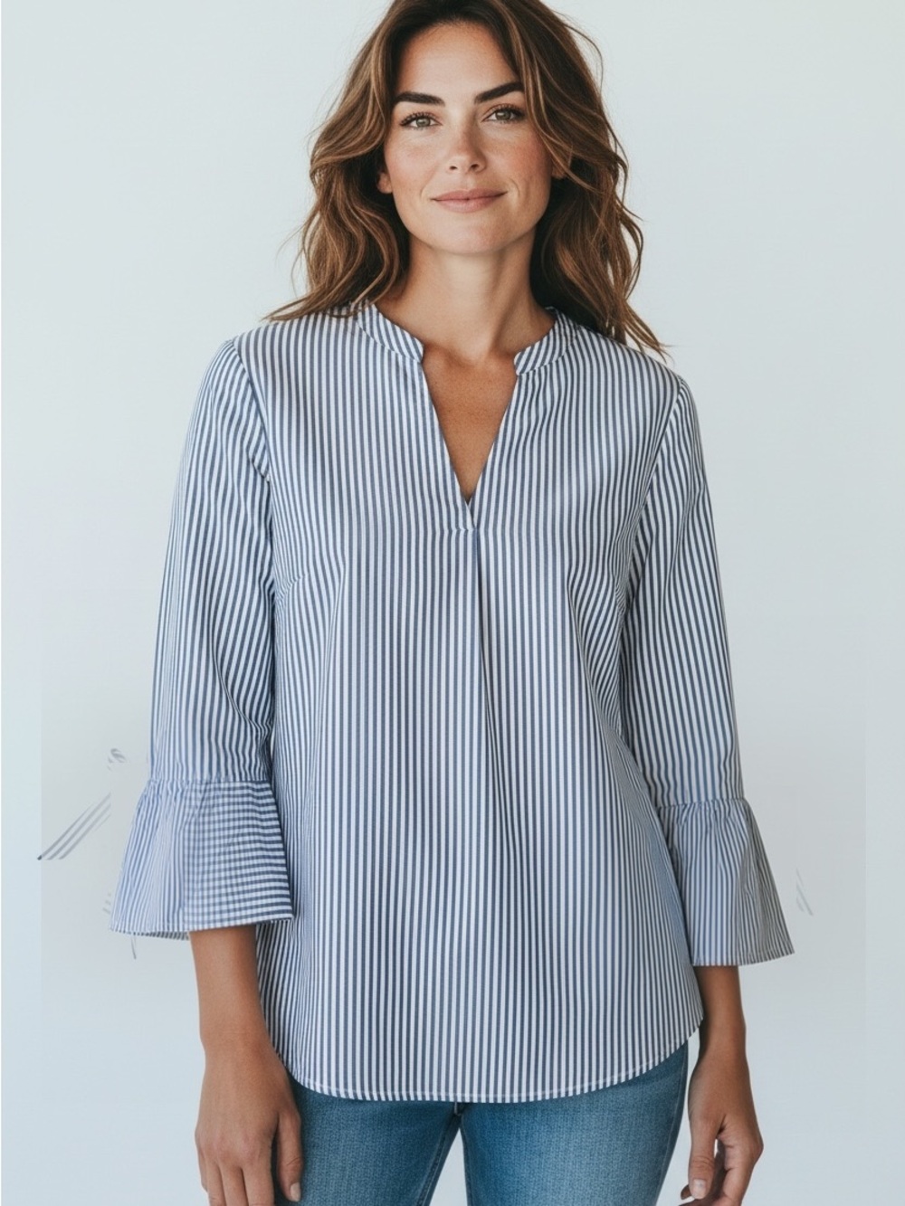 J.Crew Women’s Size 6 Blue White Striped Cotton Popover Blouse Bell Sleeve